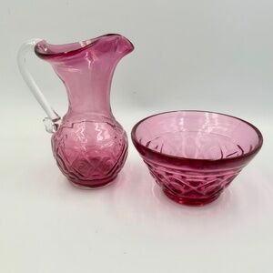 VTG Cranberry Glass Creamer & Sugar Bowl Set Hand Blown Valentine